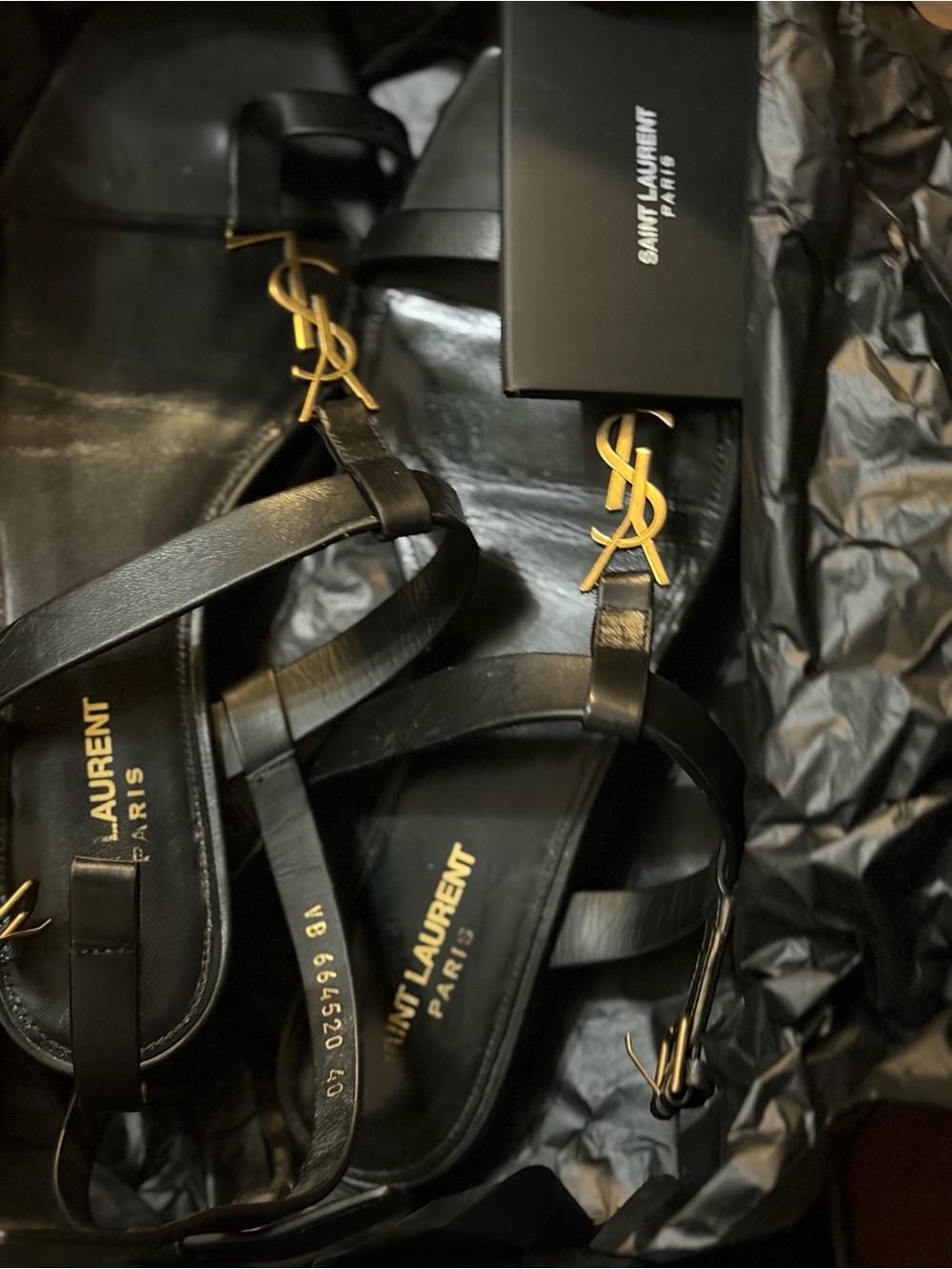 Saint Laurent Black Leather T-Strap Sandals with Gold YSL Accent